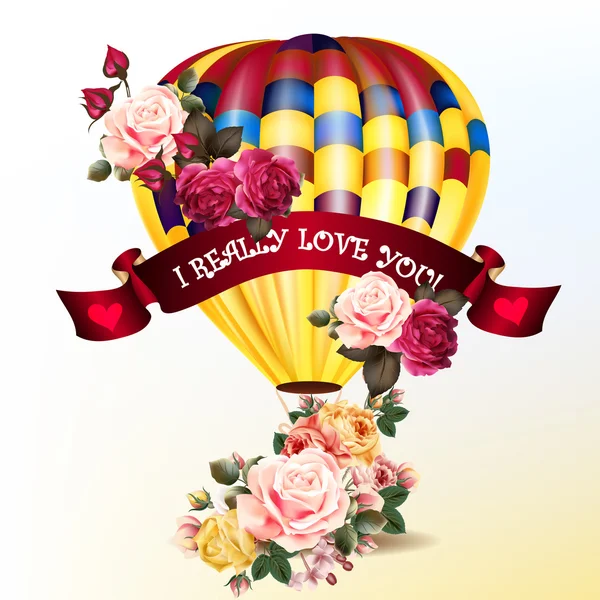 Día de San Valentín de vuelta con rosas y globo aerostático — Vector de stock