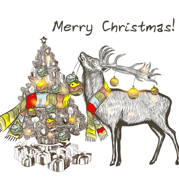 Vánoční karta s jelena drží cetka a zdobí vánoční tématikou. — Stockový vektor