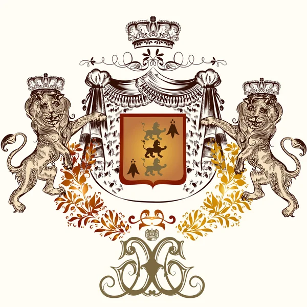 Геральдическая иллюстрация в винтажном стиле со щитом, короной и лием — стоковый вектор