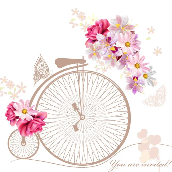 Ilustração com bicicleta de arte e flores em estilo vintage — Vetor de Stock