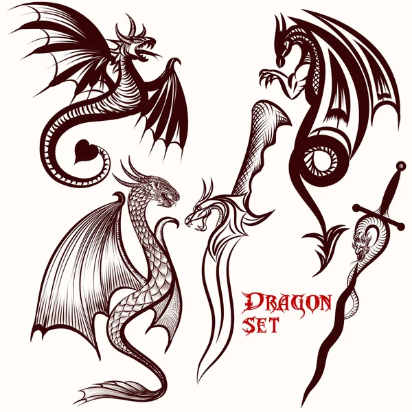 Juego de vector de dragón para diseño de tatuaje — Vector de stock