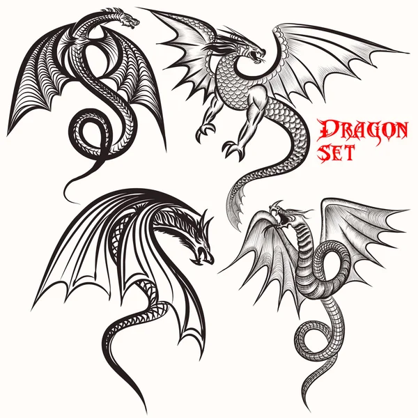 Colección de tatuajes de dragones dibujados a mano para el diseño — Vector de stock