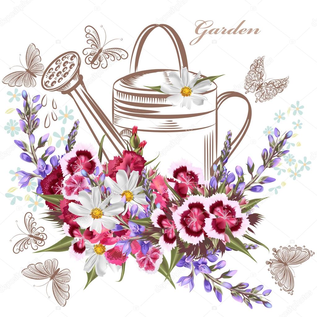 Vector background with garden flowers and butterflies