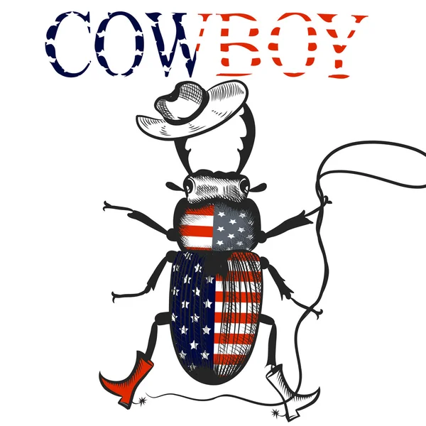 Fond créatif avec coléoptère cow-boy coloré aux États-Unis drapeau rodéo — Image vectorielle