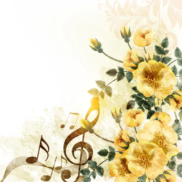 ビンテージ スタイルの黄色のバラでロマンチックな音楽の背景 — ストックベクタ