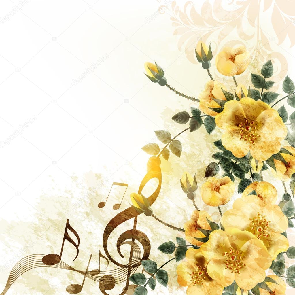 Romantic music background with yellow roses in vintage style