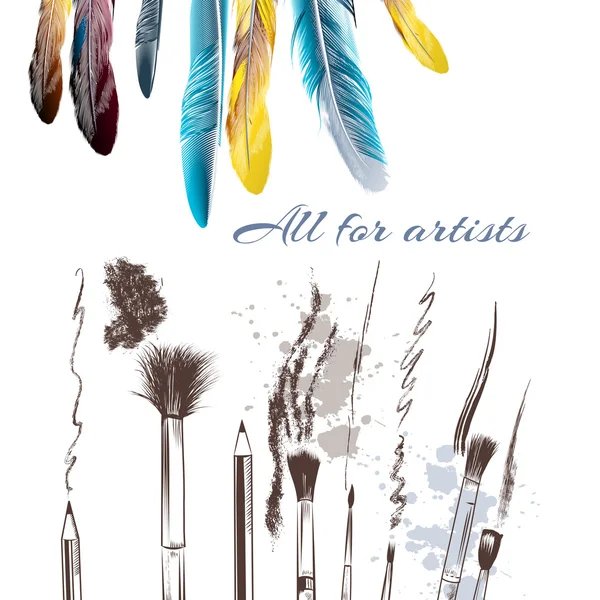 Bannière avec plumes et pinceaux — Image vectorielle