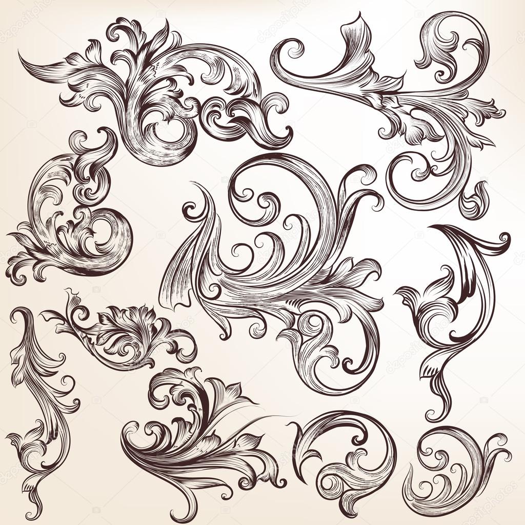 Vector set of calligraphic elements for design. Calligraphic vec