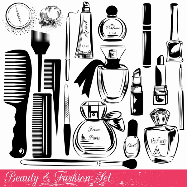 Collection d'objets de beauté et de mode de vecteur cosmétique sil — Image vectorielle