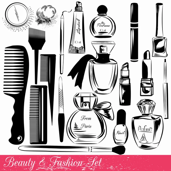 Collection of beauty and fashion objects of vector cosmetics sil — Stock Vector