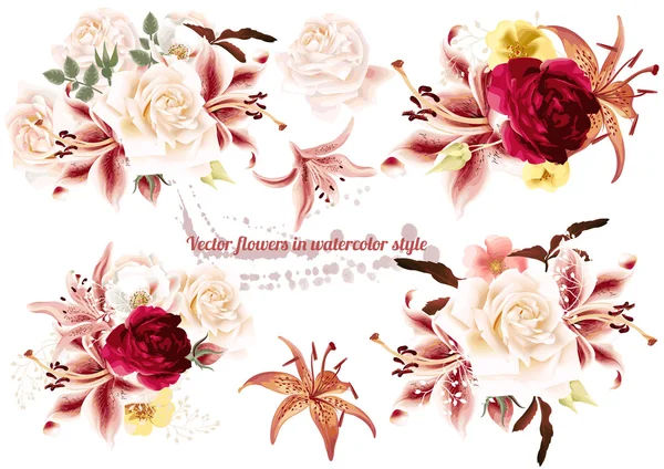 Collection of realistic  flowers roses and lilies — Stock Vector