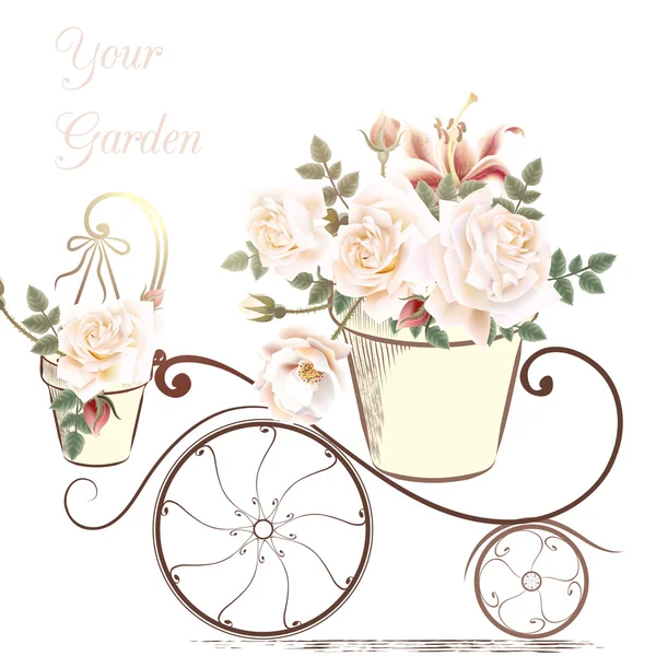 Linda ilustración con flores de rosas en un alfarero de su jardín — Vector de stock