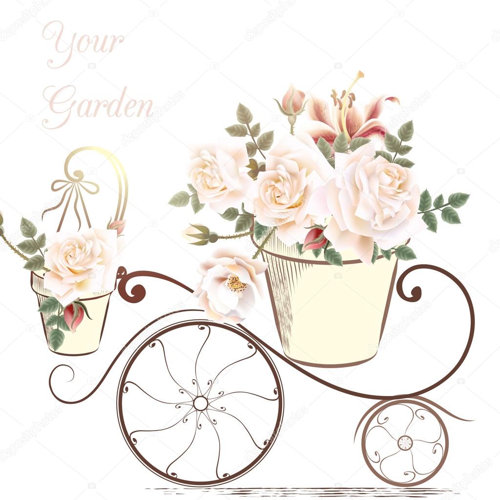 Cute illustration with rose flowers in a potter your garden