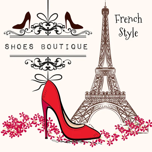 Leuke illustratie schoenen boutique rode schoen hang op een banner, Eiff — Stockvector