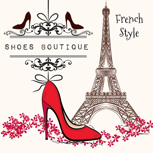 Cute illustration shoes boutique red shoe hang on a banner, Eiff — Stock Vector