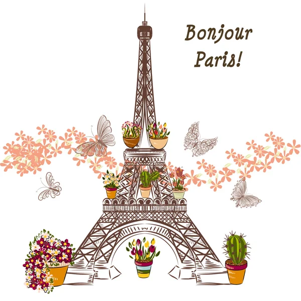 Torre Eiffel vettoriale e vasai pieni di fiori. Boutique banne — Vettoriale Stock