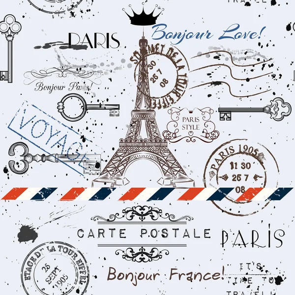 Fond sans couture vectoriel avec tour Eiffel fleur et poste sta — Image vectorielle