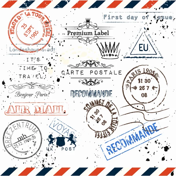 Vector imitation of vintage post stamps Paris, voc voyage travel — стоковый вектор