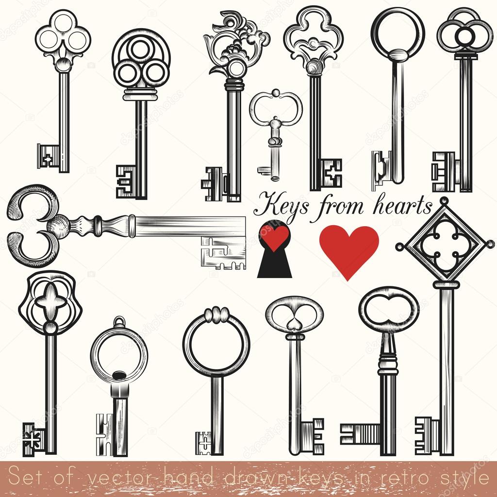 Set of vector hand drawn keys set in vintage style
