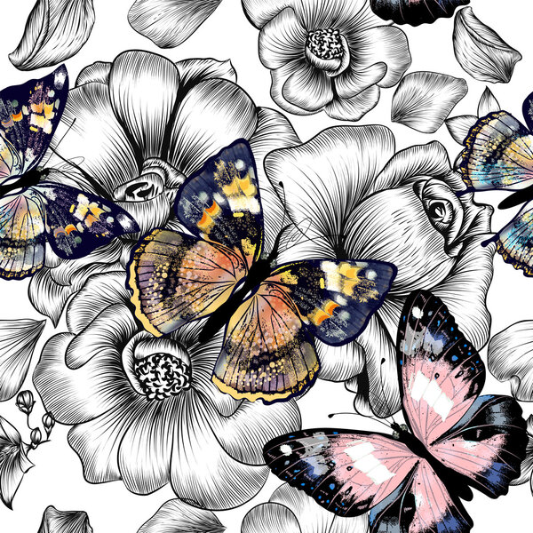 Vector seamless wallpaper pattern with vintage butterflies and r