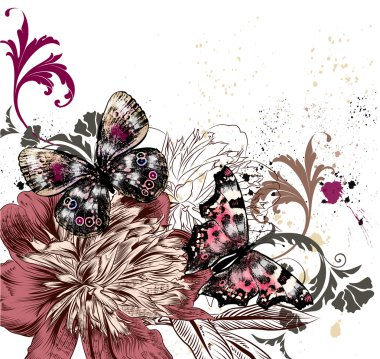 Illustration with colorful butterflies and peony flowers, grunge