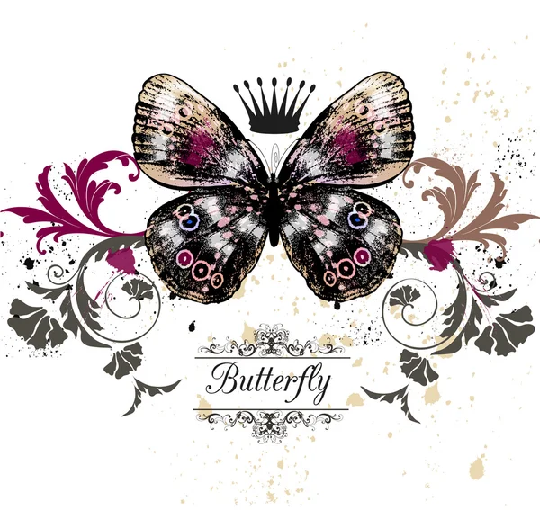 Vector illustration with detailed butterfly in vintage style — Stock Vector