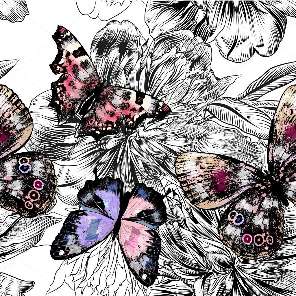 Vector seamless wallpaper pattern with vintage butterflies and p
