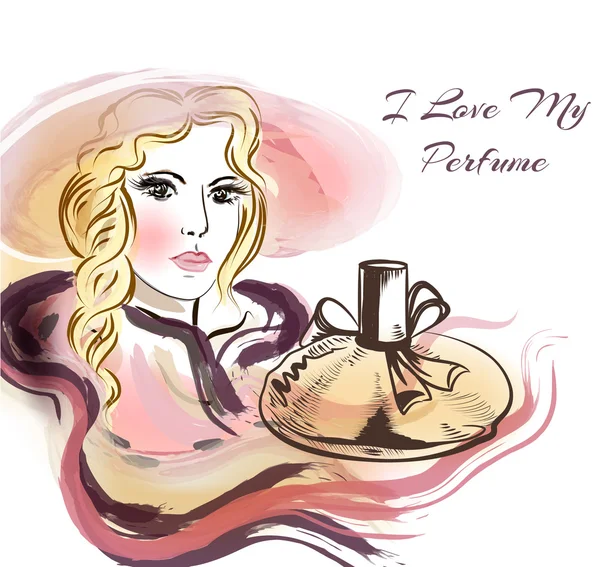 Beautiful sensual blonde with bottle of perfume. I love my perfu — Stockvector