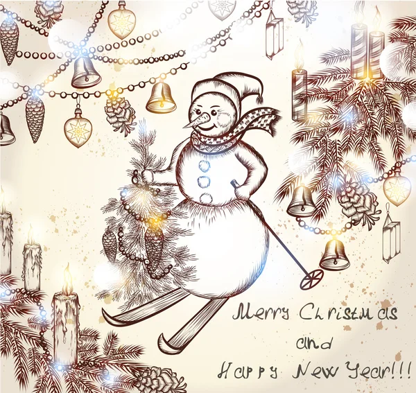 Christmas greeting card with snowmen, Xmas tree and lights for y — Διανυσματικό Αρχείο