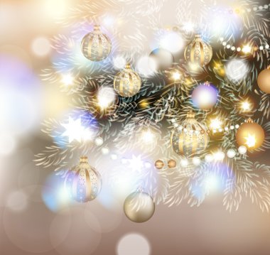 Christmas illustration with Christmas tree in lights, golden and