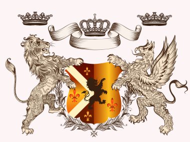 Heraldic design with coat of arms griffin, lion and crowns in an