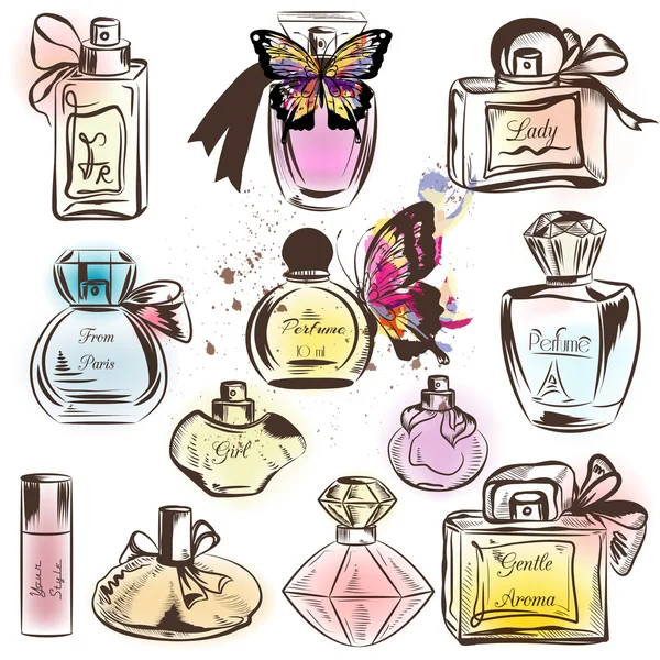 Conjunto de diferentes perfumes. Elegante ilustración vectorial — Vector de stock