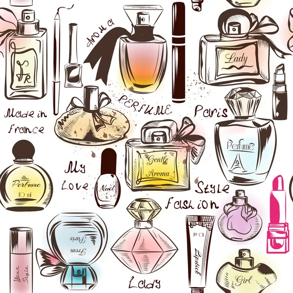 Fashion seamless wallpaper pattern with of different perfumes — Stockový vektor