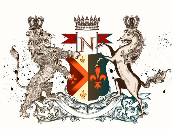 Vector heraldic illustration in vintage style with shield, lion, — Διανυσματικό Αρχείο