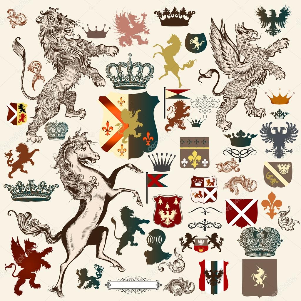 Heraldic set of vector design elements in vintage style