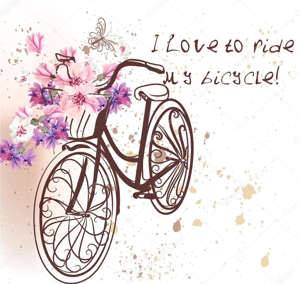 Cute vector invitation with fake bicycle and flowers