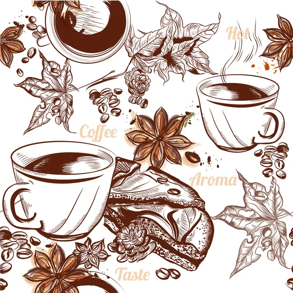 Vector de café fondo sin costuras con tazas de café grabadas, gra — Archivo Imágenes Vectoriales
