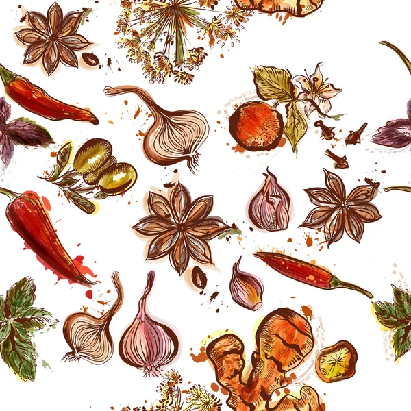 Herbes et épices fond sans couture avec différentes épices et h — Image vectorielle