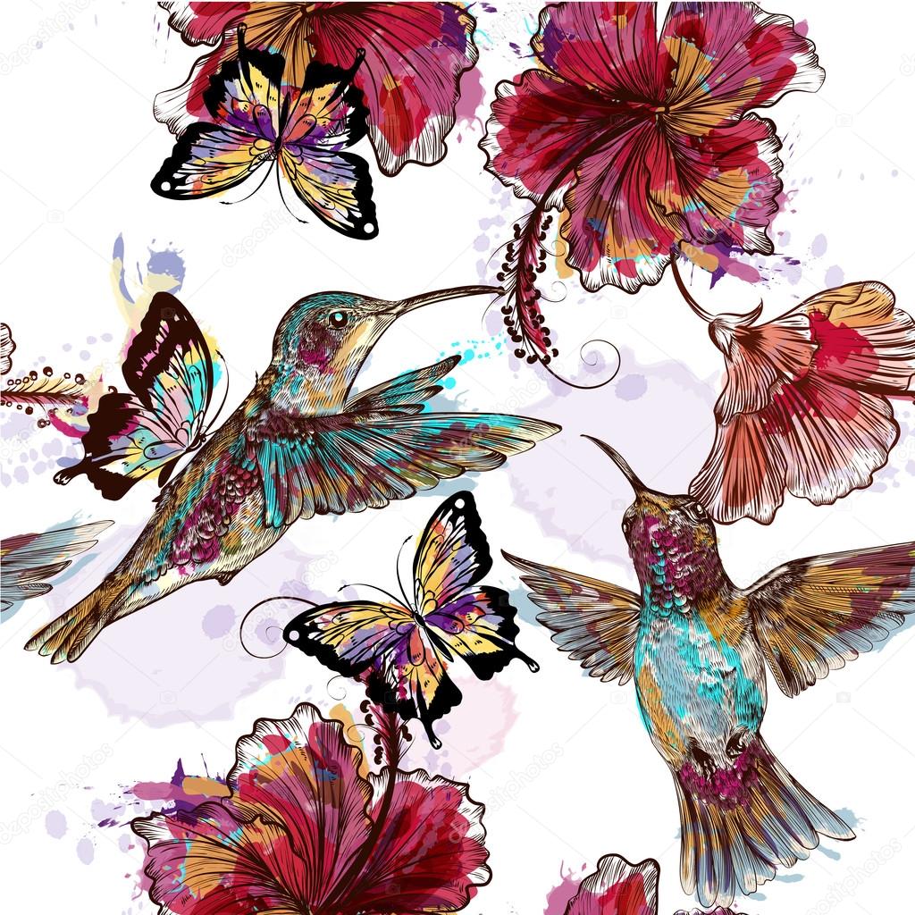 Patrón de fondo de pantalla sin costura floral con colibríes Vector de  stock #85535466 de ©MashaKotscur, image size:1024x1024