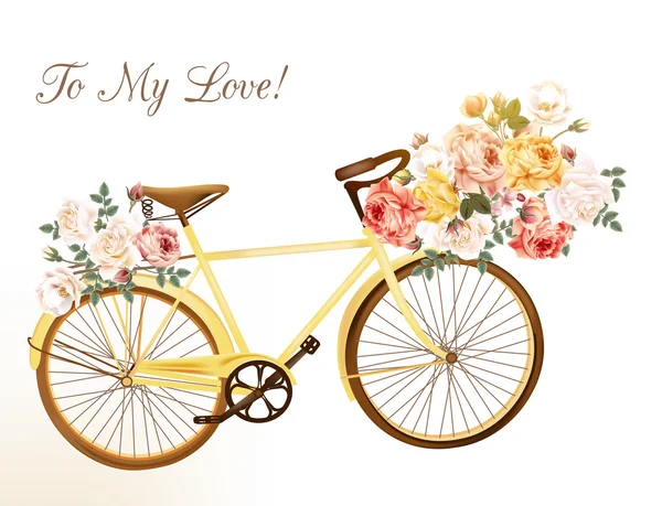 Симпатичное приглашение с желтым велосипедом и цветами — стоковый вектор