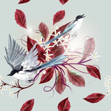 Kuşlar ve dalları ile çiçek sorunsuz duvar kağıdı kalıbı