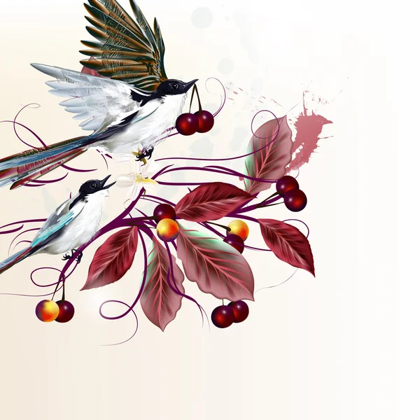 Ilustración vectorial floral con aves y ramas — Vector de stock