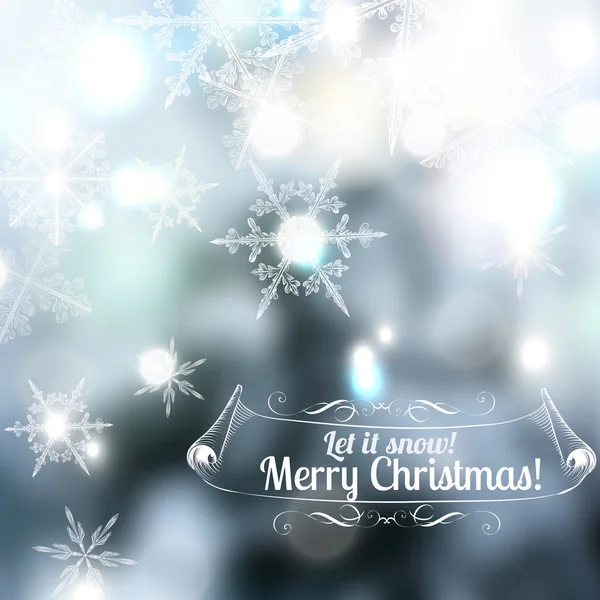 Fond flou de Noël avec flocons de neige dessinés à la main, lumières — Image vectorielle