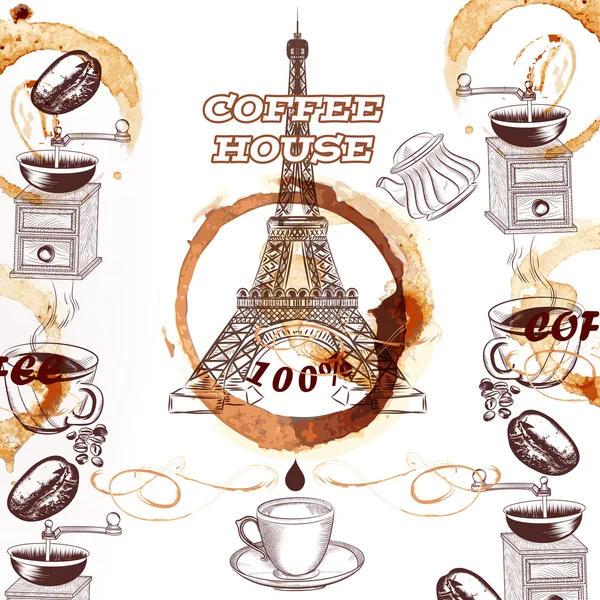 Fondo vectorial de café con torre Eiffel dibujada a mano y café — Vector de stock