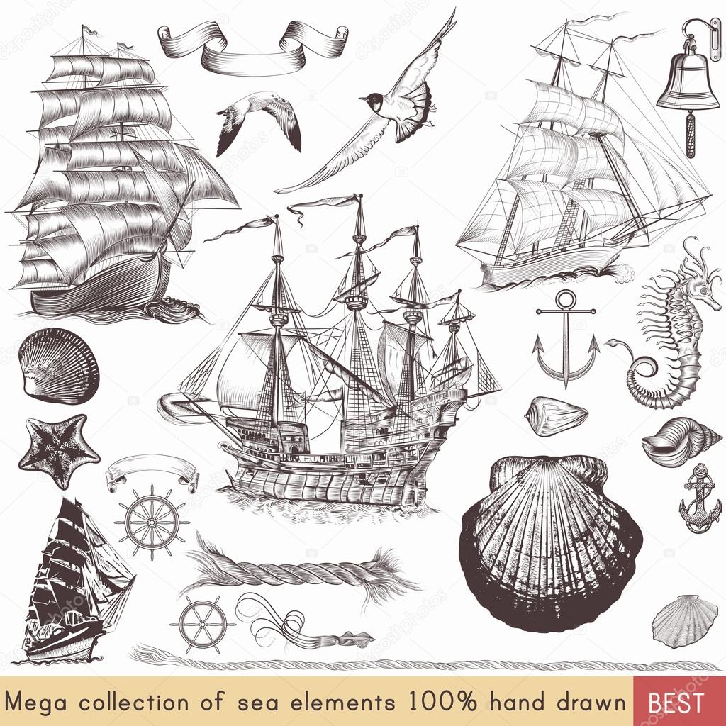 Collection of vector nautical elements on theme of sea