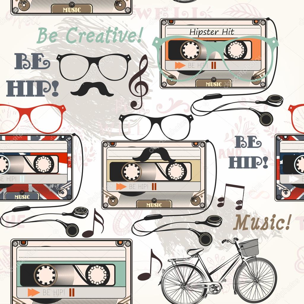 Vector seamless background with old cassette headphones notes bi