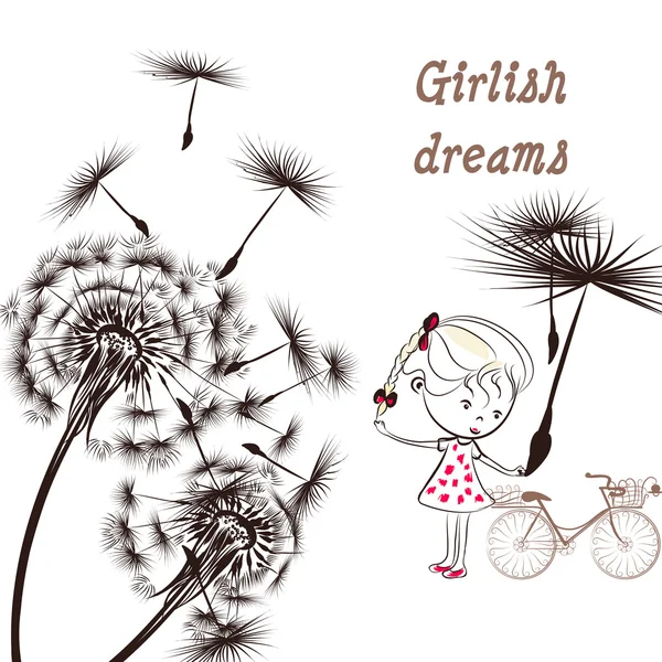 3) plano de fundo com dandelion, bicicleta e pequena menina menina dr —  Vetores de Stock