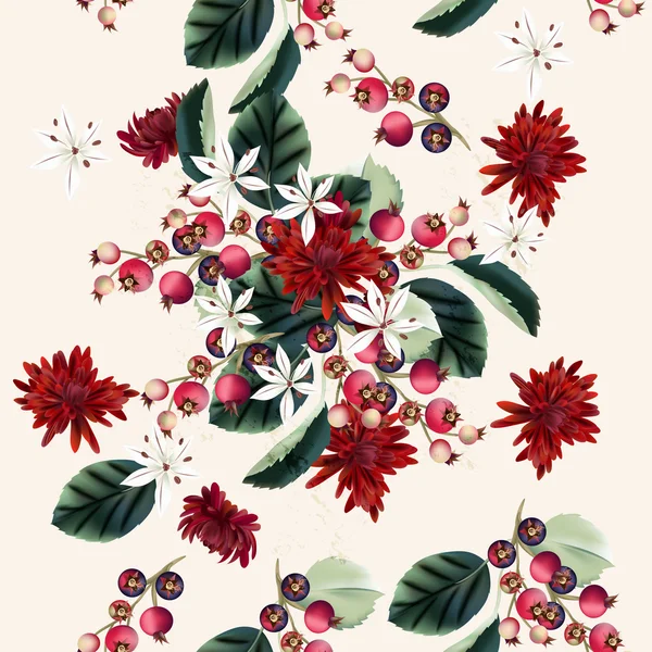 Naadloze vectorillustratie met chrysanten bloemen en ber — Stockvector