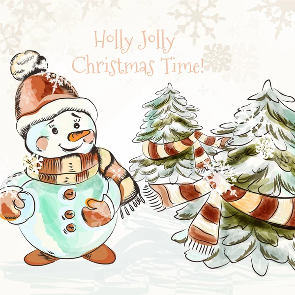 Kerstmis buiten illustratie met mooie kleine sneeuwpop — Stockvector
