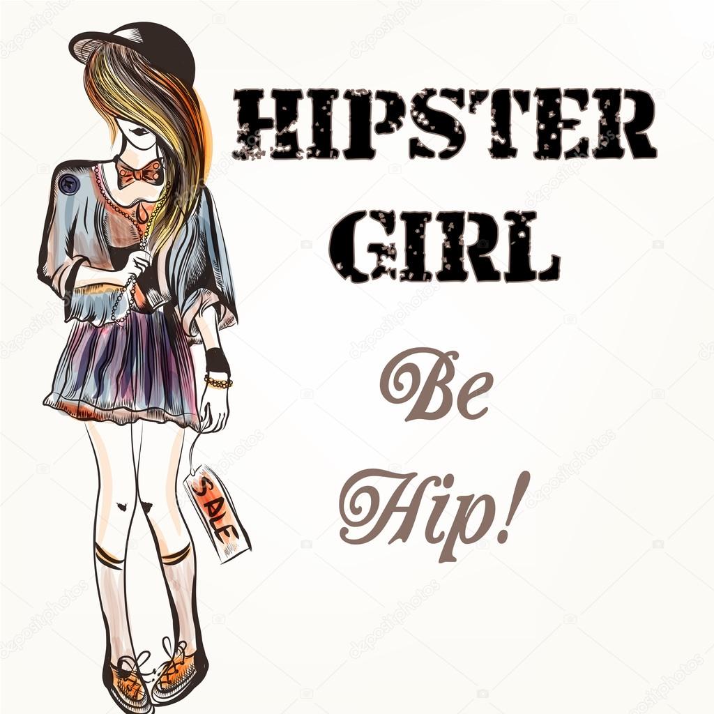 Fashion vector background with trendy hipster girl 